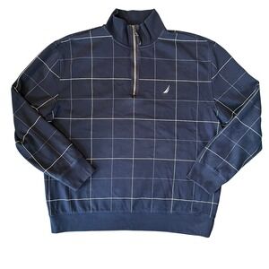 Nautica Mens Navy White Grid Check Plaid Quarter 1/4 Zip Pullover Sweatshirt XXL